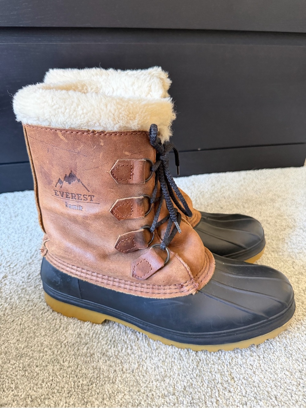 Kamik Everest Leather Rubber Snow Boots Size 11 Insulated Fur Lined Brown